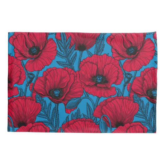 Roter Mohngarten auf blau Kissenbezug (Rückseite)