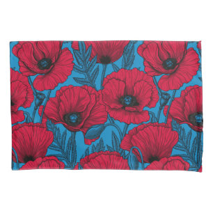 Roter Mohngarten auf blau Kissenbezug