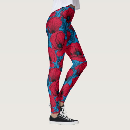 Roter Mohngarten auf blau Leggings (Rechts)