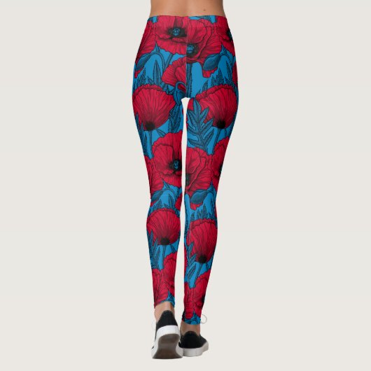 Roter Mohngarten auf blau Leggings (Rückseite)
