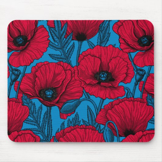Roter Mohngarten auf blau Mousepad (Vorne)