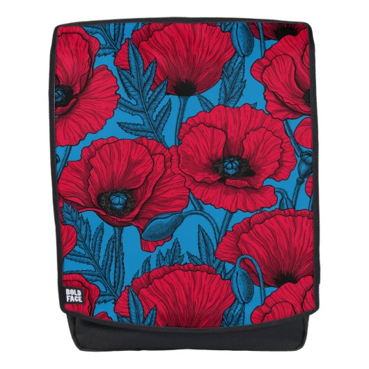 Roter Mohngarten auf blau Rucksack (Vorderseite)