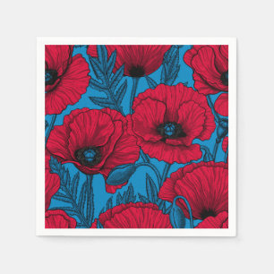 Roter Mohngarten auf blau Serviette