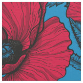 Roter Mohngarten auf blau Stoff (Nahaufnahme)