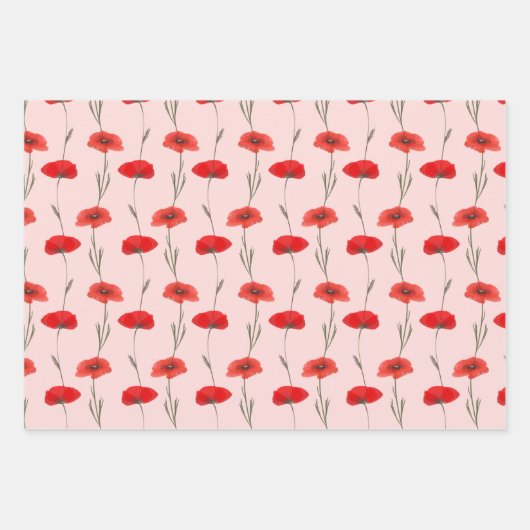 Roter Mohnstreifen mit Pastellgrün und Rosa Geschenkpapier Set (Vorderseite 2)