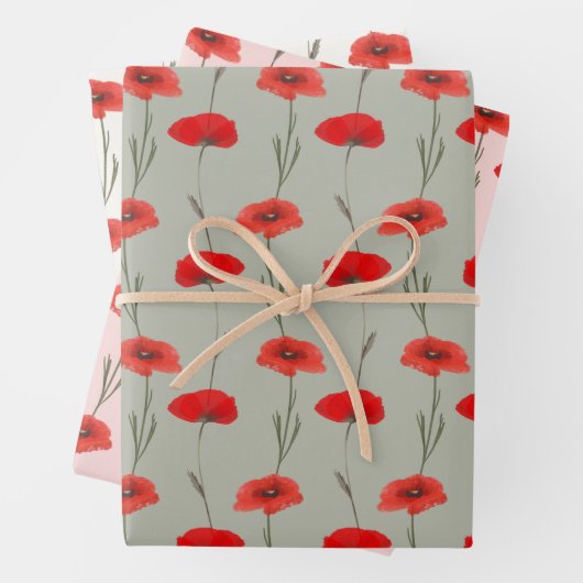Roter Mohnstreifen mit Pastellgrün und Rosa Geschenkpapier Set (Beispiel)