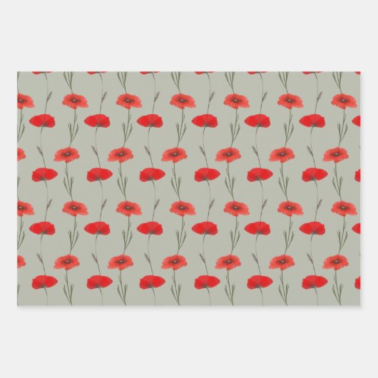 Roter Mohnstreifen mit Pastellgrün und Rosa Geschenkpapier Set (Vorderseite)