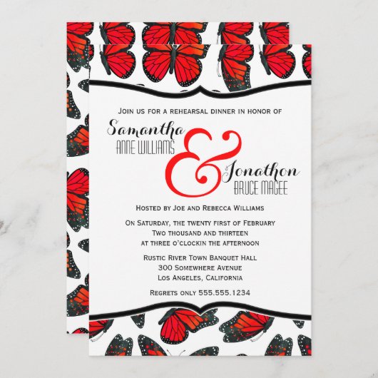 Roter Monarch Schmetterling Reheasal Abendessen Ei Einladung (Vorne/Hinten)