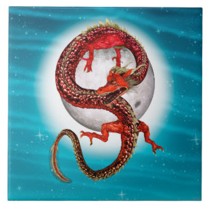 Roter Mond-Drache Himmels-Fantasy-Kunst Fliese