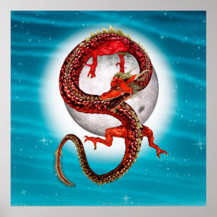 Roter Mond-Drache Himmels-Fantasy-Kunst Poster
