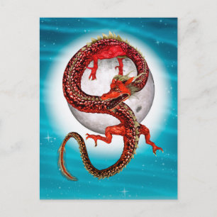 Roter Mond-Drache Himmels-Fantasy-Kunst Postkarte