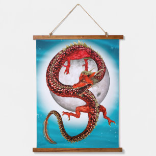 Roter Mond-Drache Himmels-Fantasy-Kunst Wandteppich Mit Holzrahmen