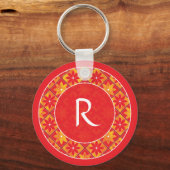 Roter Monogram Decorative Floral Tiles Schlüsselan Schlüsselanhänger (Vorderseite)
