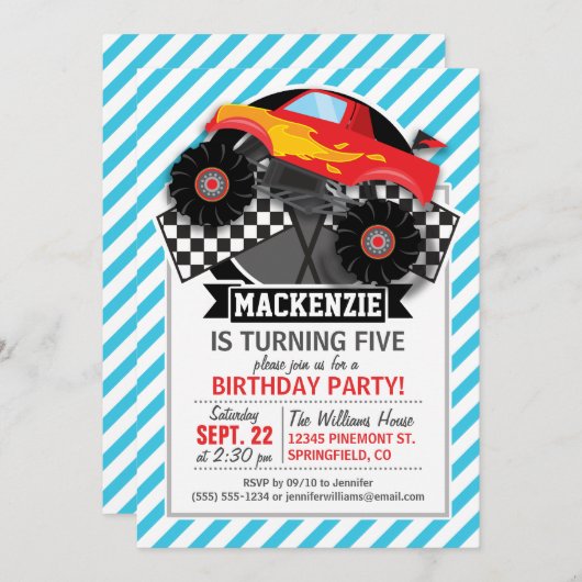 roter Monster-Lkw; karierte Flagge; blaue Streifen Einladung (Vorne/Hinten)