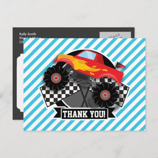 roter Monster-Lkw; karierte Flagge; blaue Streifen Postkarte (Vorne/Hinten)