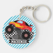 roter Monster-Lkw; karierte Flagge; blaue Streifen Schlüsselanhänger (Rückseite)