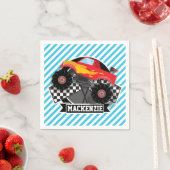 roter Monster-Lkw; karierte Flagge; blaue Streifen Serviette (Beispiel)