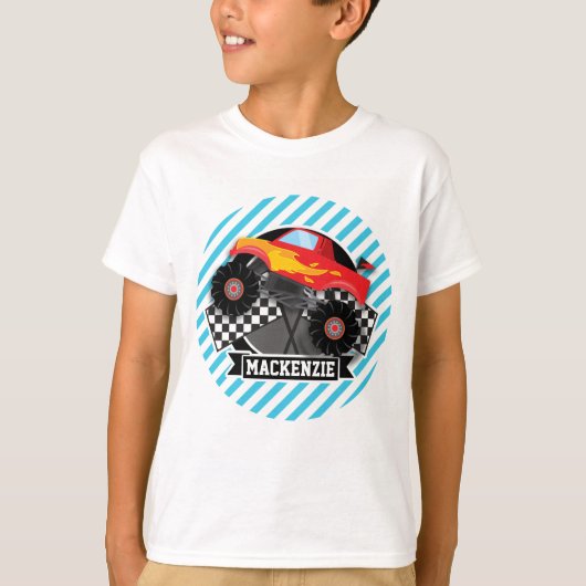 roter Monster-Lkw; karierte Flagge; blaue Streifen T-Shirt (Vorderseite)