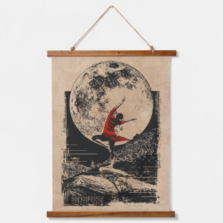 Roter Ninja Vollmond Kunst | Wabi Sabi Vintage Sti Wandteppich Mit Holzrahmen