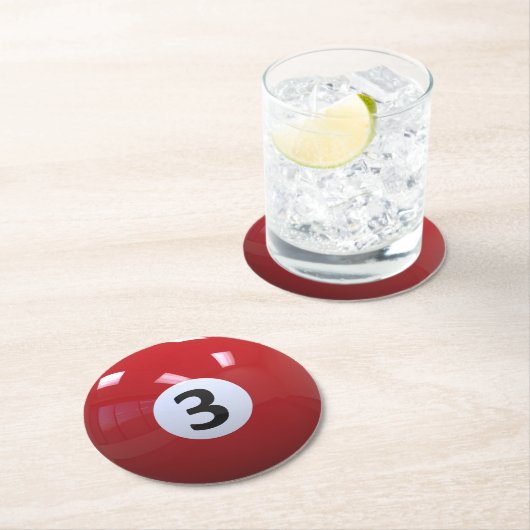 Roter Nr. 3- Billard-Pool-Ball Runder Pappuntersetzer (Vor Ort)