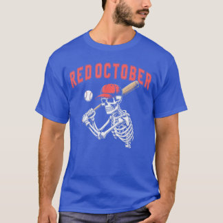 Roter Oktober Lustiges Halloween Baseball Skelett T-Shirt