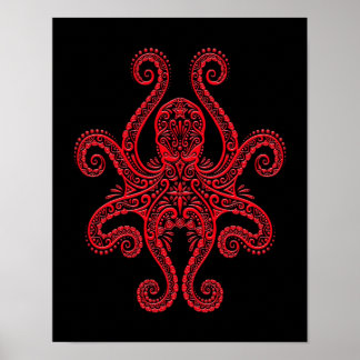 Roter Oktopus auf Schwarz Poster