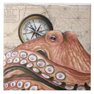 Roter Oktopus Kompass Vintage Karte beige Fliese
