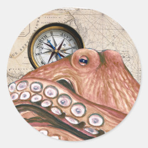 Roter Oktopus Kompass Vintage Karte beige Runder Aufkleber