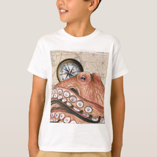 Roter Oktopus Kompass Vintage Karte beige T-Shirt