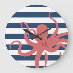 Roter Oktopus moderne Strand weiß navyblaue Streif Große Wanduhr