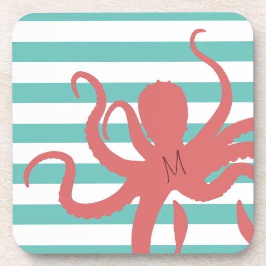 Roter Oktopus Moderner Strand weiß aquamarin gestr Getränkeuntersetzer (Vorderseite)