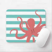 Roter Oktopus Moderner Strand weiß aquamarin gestr Mousepad (Mit Mouse)