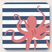 Roter Oktopus moderner Strand Weißmeer blau gestre Getränkeuntersetzer (Vorderseite)