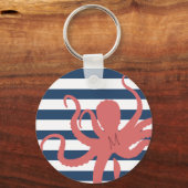 Roter Oktopus moderner Strand Weißmeer blau gestre Schlüsselanhänger (Vorderseite)