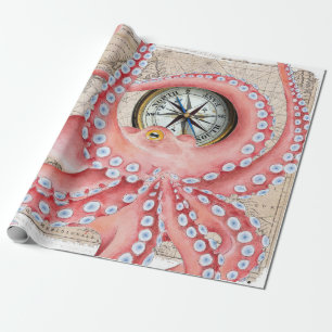 Roter Oktopus Vintage-Kartenkompass Geschenkpapier