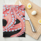 Roter Oktopus Wasserfarbe Schwarz Geschirrtuch (Viertel Falte)