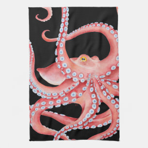 Roter Oktopus Wasserfarbe Schwarz Geschirrtuch