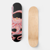 Roter Oktopus Wasserfarbe Schwarz Skateboard (Vorderseite)