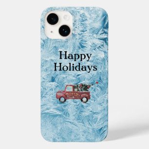 roter Oldtimer-LKW auf blauem Schneeflocken-Hinter Case-Mate iPhone 14 Hülle
