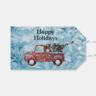 roter Oldtimer-LKW auf blauem Schneeflocken-Hinter Geschenkanhänger