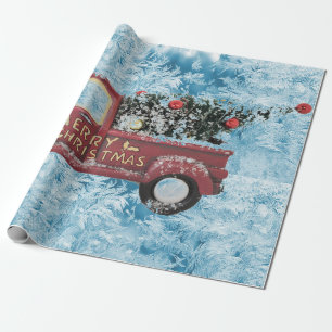 roter Oldtimer-LKW auf blauem Schneeflocken-Hinter Geschenkpapier