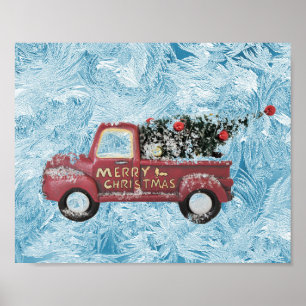 roter Oldtimer-LKW auf blauem Schneeflocken-Hinter Poster