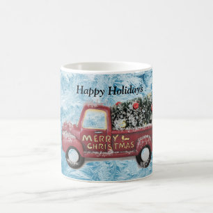 roter Oldtimer-LKW auf blauem Schneeflockenhinterg Kaffeetasse