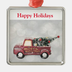 roter Oldtimer-LKW auf grauem Bokeh-Hintergrund Ornament Aus Metall