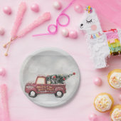 roter Oldtimer-LKW auf grauem Bokeh-Hintergrund Pappteller (Party)