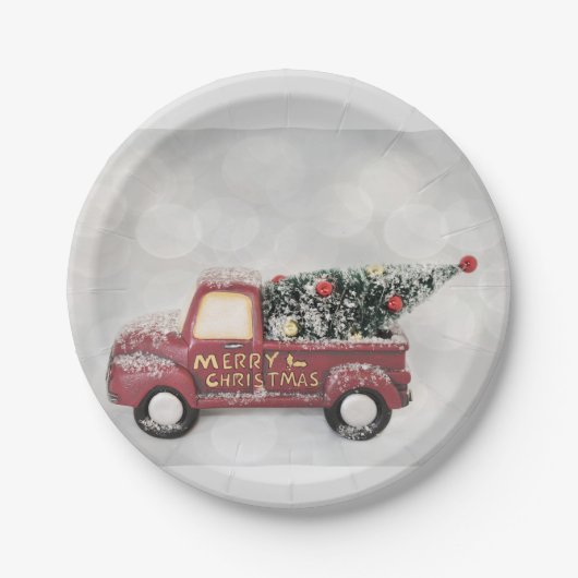 roter Oldtimer-LKW auf grauem Bokeh-Hintergrund Pappteller (Vorderseite)