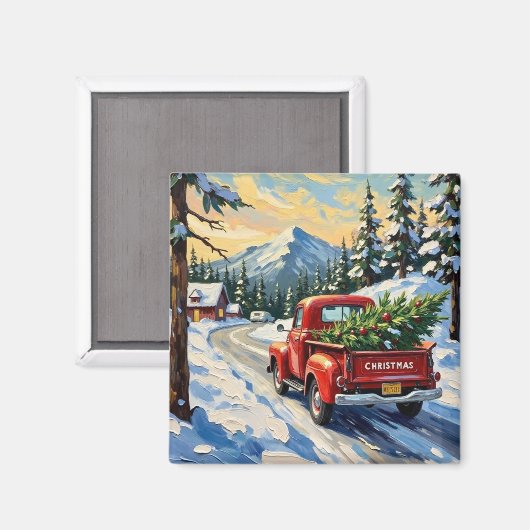 Roter Oldtimer-LKW mit Weihnachtsbaum Magnet (Vorderseite/Rückseite)