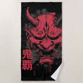 Roter-Oni-Maske-Kunst – Japanisches Dämonendesign Strandtuch