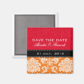 Roter orange Damast-Save the Date Magnet (Vorderseite/Rückseite)