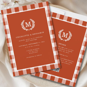 Roter Orange Gingham Monogram Wappen QR Code Einladung